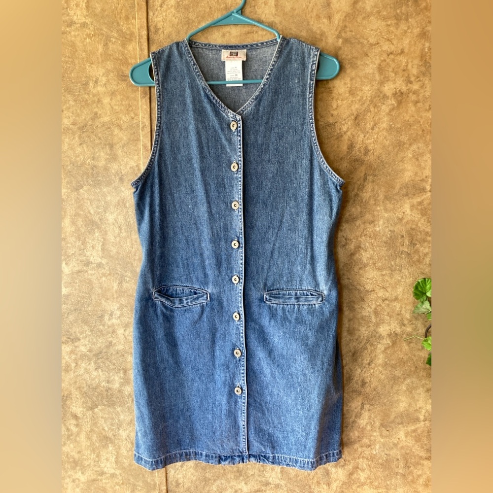 Y2K 90s Denim Jumper Dress Faded Glory Pockets Americana VTG Short Knee Length 4